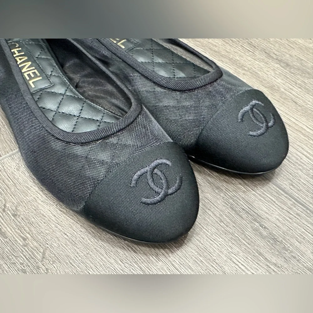 2025 CHANEL BLACK MESH BALLET FLATS BALLERINA SHOES 37 NEW - Picture 6 of 16